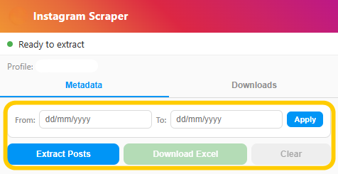 Instagram Scraper popup with date range fields and action buttons highlighted