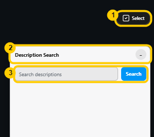 Instagram profile with Select button and Description Search area highlighted
