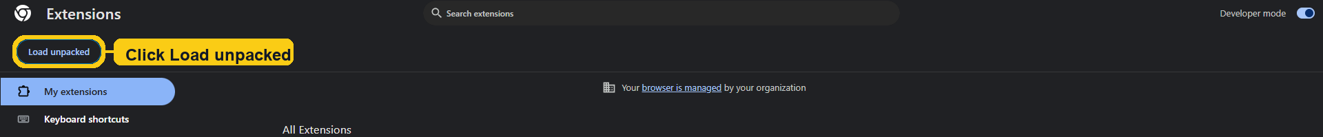 Chrome Extensions page with the Load unpacked button highlighted