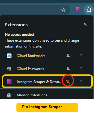 Chrome Extensions menu with Instagram Scraper highlighted and pin icon circled