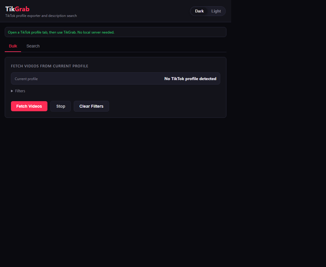 TikGrab Bulk tab with profile detection and Fetch Videos controls