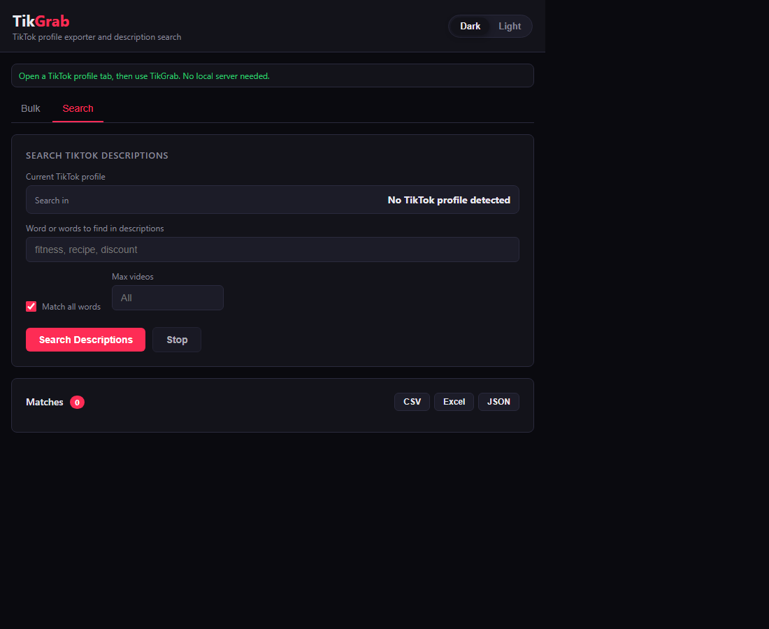 TikGrab Search tab with description search and export controls